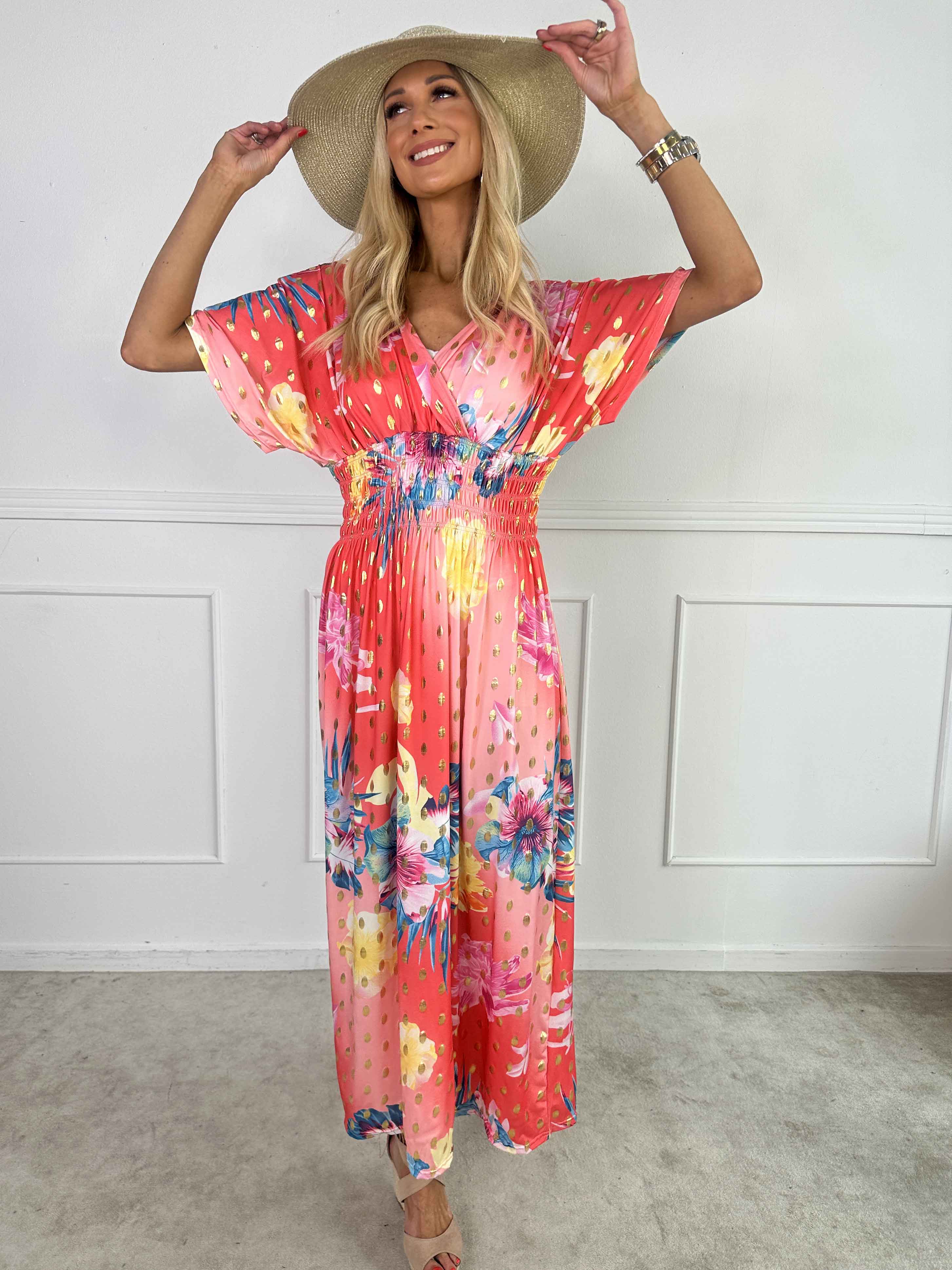 Pams Hawaii - Lang kjole i elastisk stof med blomsterprint
